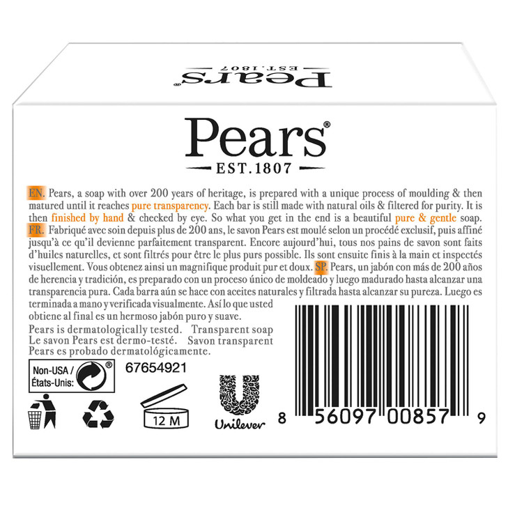 Pears Soap, Pure & Gentle with Natural Oils, 24-Pack  Transparent Amber Glycerin Soap for Pampered, Glowing Skin, 4.4 Oz Ea