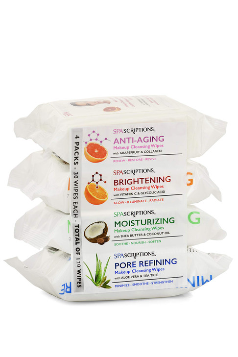 Spascriptions Anti-Aging, Brightening, Moisturizing & Pore Refining Towelettes Removes Waterproof Makeup, Revives with Collagen, Vitamin C, Coconut