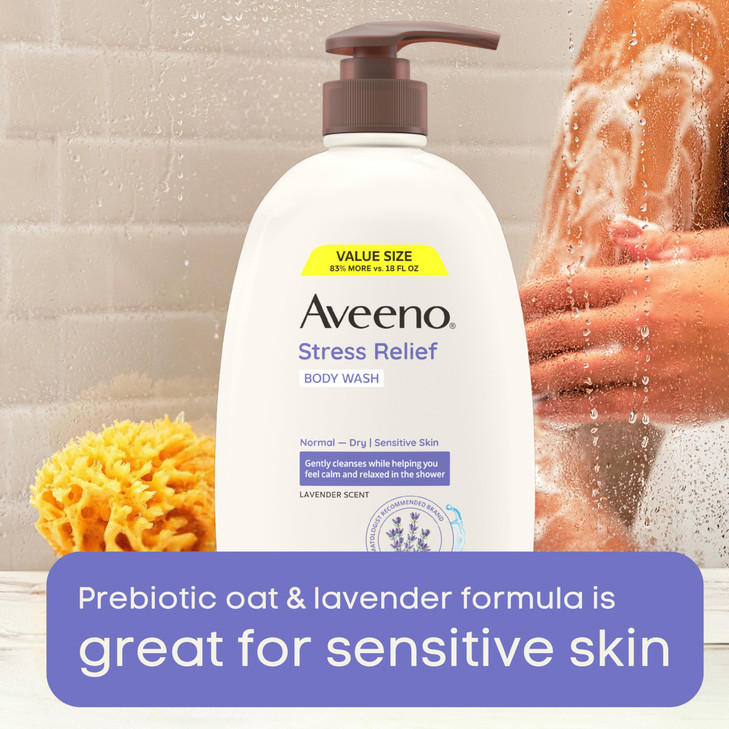 Aveeno Stress Relief Body Wash for Women, Calming Lavender Scent & Prebiotic Oat, Cleanser for Sensitive Dry Skin, Paraben, Dye & Soap-Free, 33 Fl Oz