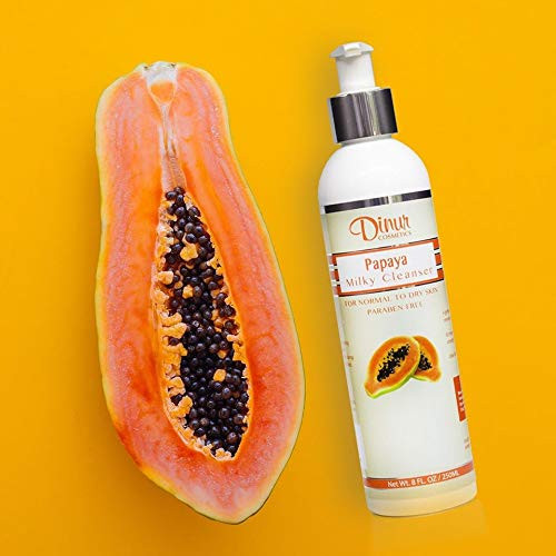 Dinur Cosmetics Papaya Milky Cleanser Nourishing & Gentle Facial Removes Dirt Makeup Ideal for Normal to Dry Skin Soft Suple & Radiant Skin 8 fl. oz.