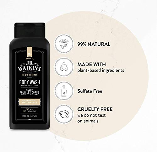 J.R. Watkins Natural Daily Moisturizing Body Wash, Hydrating Shower Gel for Men and Women, Free of SLS, Cruelty Free, Sandalwood Vanilla, 18 fl oz, 6