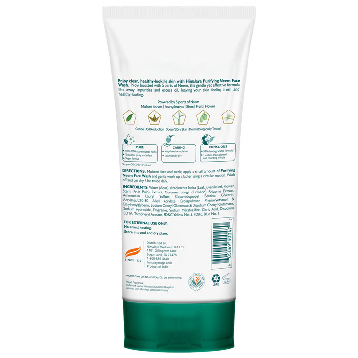 Himalaya Purifying Neem Face Wash, Normal to Oily Skin, Turmeric, Vegan, Cruelty Free, Soap and Paraben Free, Dermatologically Tested, SLS/SLES Free,