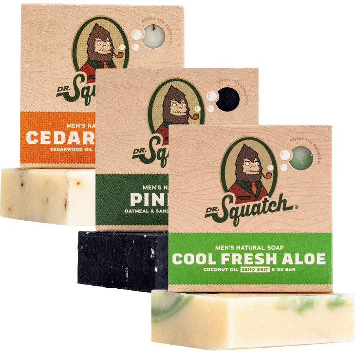 Dr. Squatch Natural Mens Bar Soap - Cold Process Body Soap Bar with Natural Oils - Gifts for Men - Pine Tar, Cedar Citrus & Cool Fresh Aloe (5 oz, 3