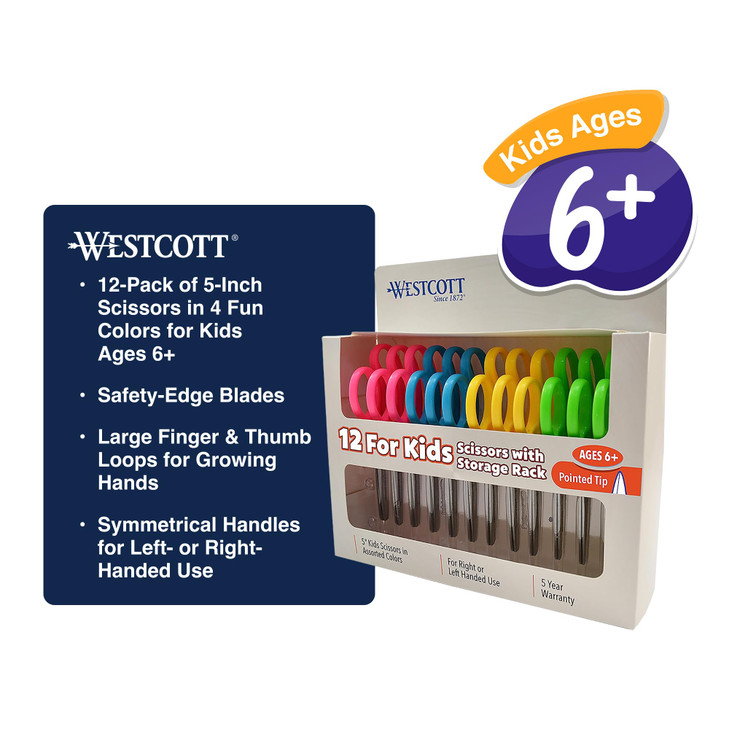 Westcott Right- & Left-Handed Pointed Scissors for Kids Ages 6+, Durable Stainless Steel Blades, Back to School Supplies, Classroom Scissors, Include