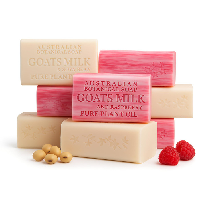 Australian Botanical Soap, Classic Goat Milk and Goat's Milk with Raspberry, 6.6 OZ, Triple Milled Bars made with Enriched with Organic Shea Butter,