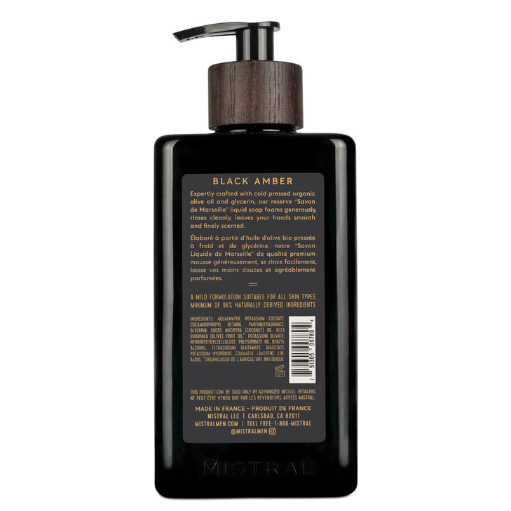 Mistral Black Amber Liquid Hand Soap for Men | Luxury Moisturizing Handsoap with Organic Olive Oil, Glycerin and Coconut Oil | Rich Lather | Paraben-