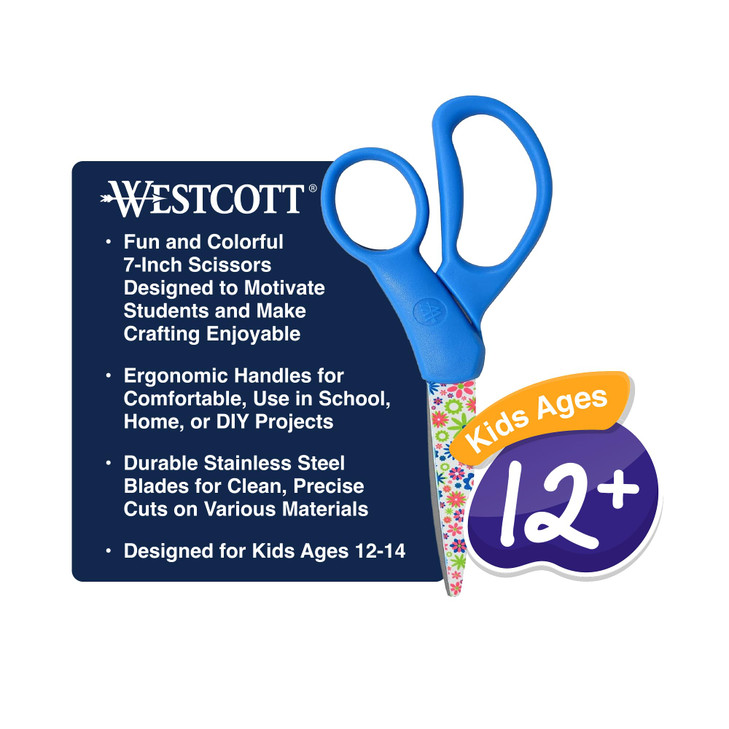 Westcott Fun and Fashionable Student Scissors for Ages 12+, Stainless Steel Floral-Printed Blades, Back-to-School, School Supplies, Classroom Supplie