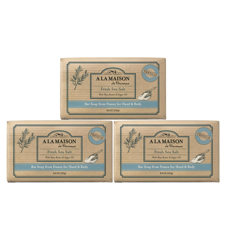 A La Maison Fresh Sea Salt Bar Soap 8.8 oz. | 3 Pack Triple French Milled All Natural Soap | Moisturizing and Hydrating For Men, Women, Face and Body
