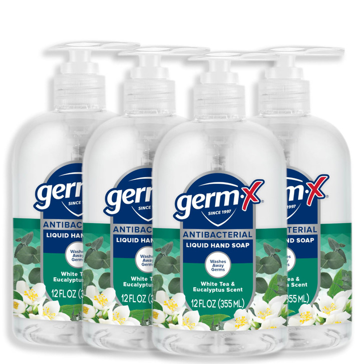 Germ-X Antibacterial Hand Soap, 12 Oz (Pack 4), Moisturizing Liquid Hand Wash for Kitchen or Bathroom, pH Balanced & Dermatologist Tested, White Tea