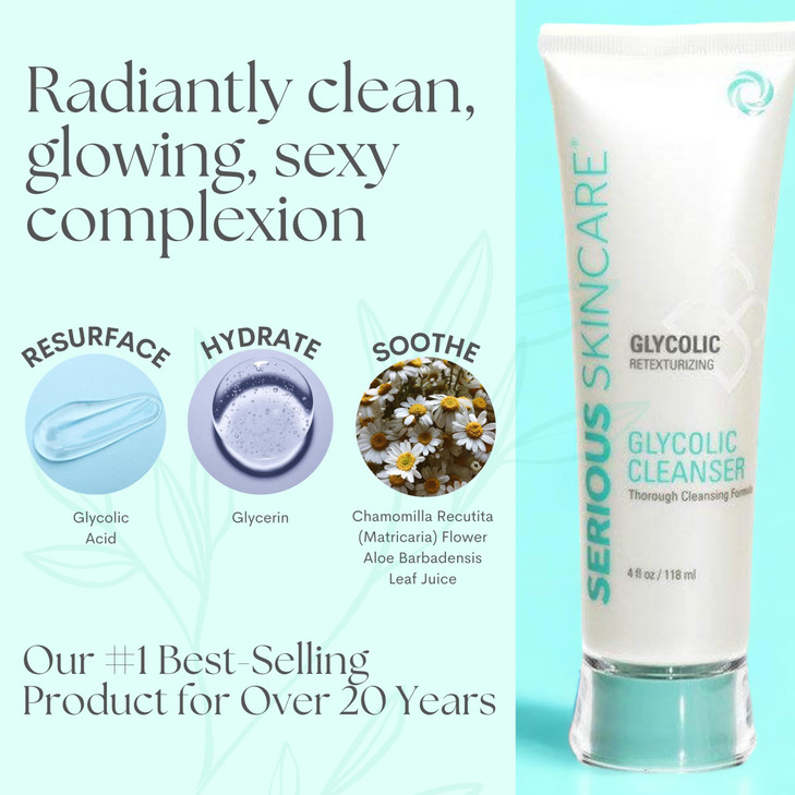 Serious Skincare Glycolic Cleanser - Daily Non-Drying Exfoliating Face Wash - 10% Glycolic Acid - Deep Pore Purifying - Removes Blackheads, Makeup &
