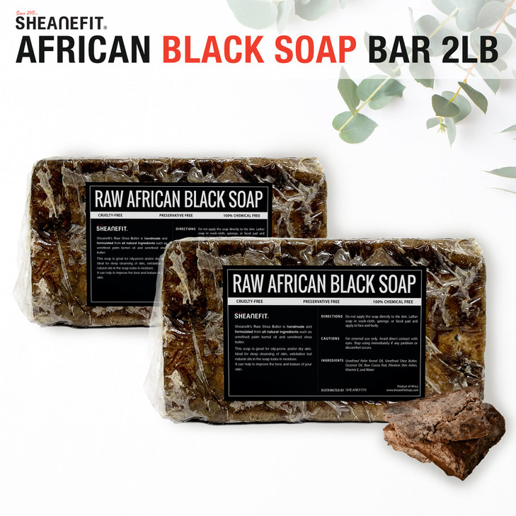 Sheanefit Raw African Black Soap Bar - For All Skin Types - Face, Body, Hair Soap Bulk Bars (15 Ounce (Pack of 2))