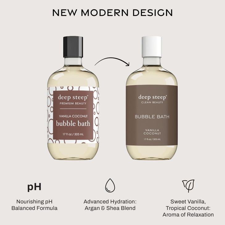 Deep Steep Bubble Bath, Vanilla Coconut 17 oz (Pack of 2)  Hypoallergenic, Clinically Tested Soothing Soak with Shea Butter & Argan Oil  Sulfate-Fr