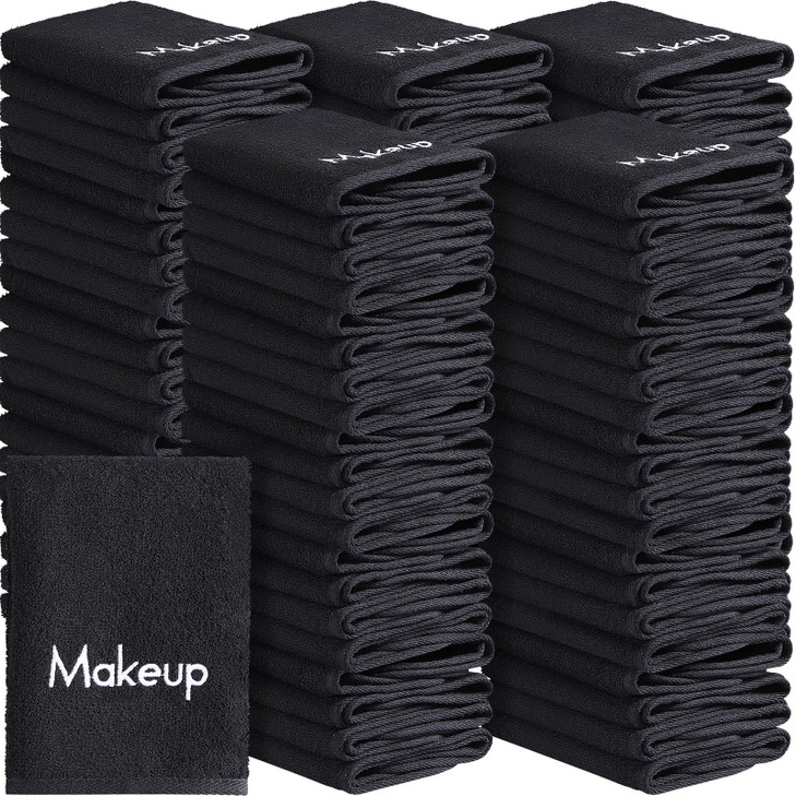Chumia 100 Pcs Makeup Remover Cloths 13 x 13 Inch Makeup Towel Face Washcloths with Embroidery Black Reusable Washcloths Soft Cleansing Face Towel fo