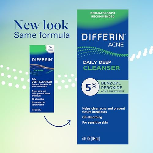 Differin Acne Face Wash with 5% Benzoyl Peroxide, Daily Deep Cleanser by the makers of Differin Gel, Gentle Skin Care for Acne Prone Sensitive Skin,