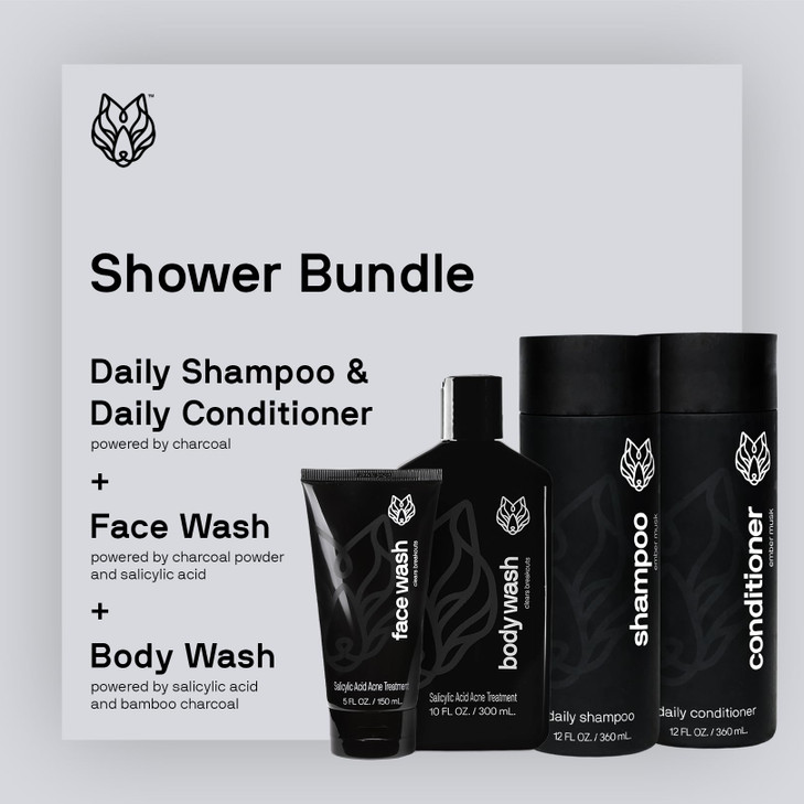 Black Wolf Shower Bundle for Hair and Body - Includes Daily Shampoo & Conditioner Set, Charcoal Body Wash & Salicylic Acid Acne Face Wash - Gift Set