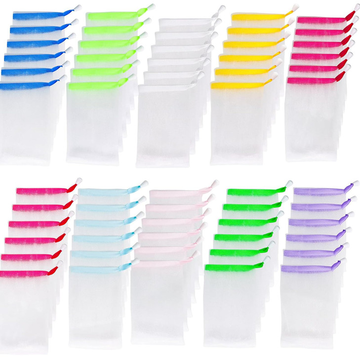 INVODA 60PCS Soap Net Bag 60 Pieces Double Layer Drawstring Soap Mesh Soft Bath Handmade Net for Facial Body Exfoliation Cleaning Tool (Random Color)
