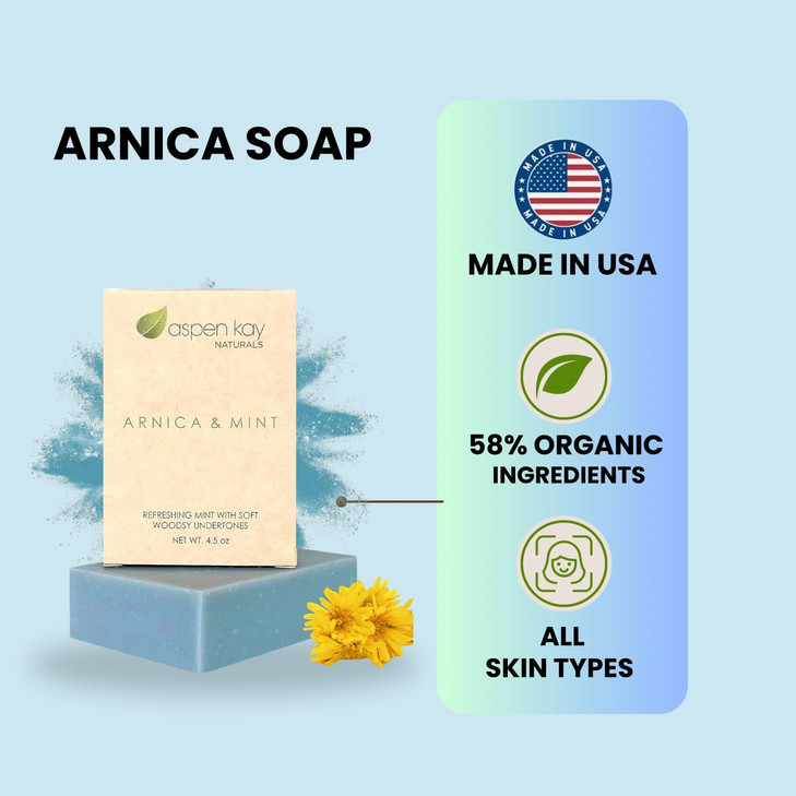 Aspen Kay Naturals Arnica Soap. With Organic Shea Butter, Arnica Oil & Pure Essential Oils. All Skin Types. Made in the USA. 4.5 oz Bar (Pack of 2)