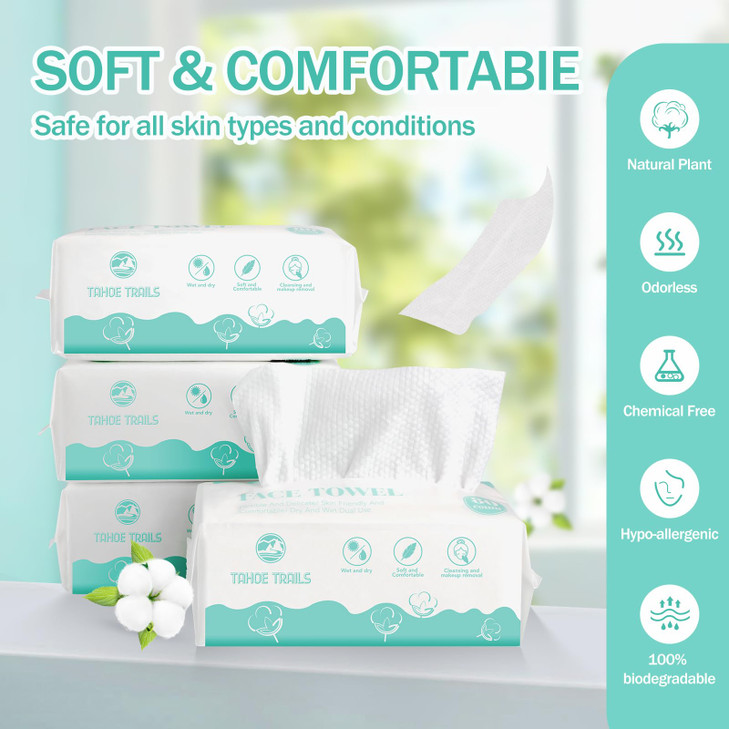 Tahoe Trails Disposable Face Towel, Soft Dry Wipe, Lint Free, Dry Wet Use for Sensitive Skin, 80Count Cotton Facial Tissue, Makeup Removing, Surface