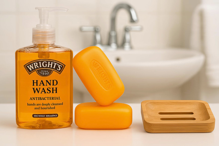DR Cosi Wrights Traditional Soap with Coal Tar Fragrance 2x125gr+ Wright's Hand Wash 250 ml Natural Wooden Bamboo Soap Dish Storage Holder Cleansing