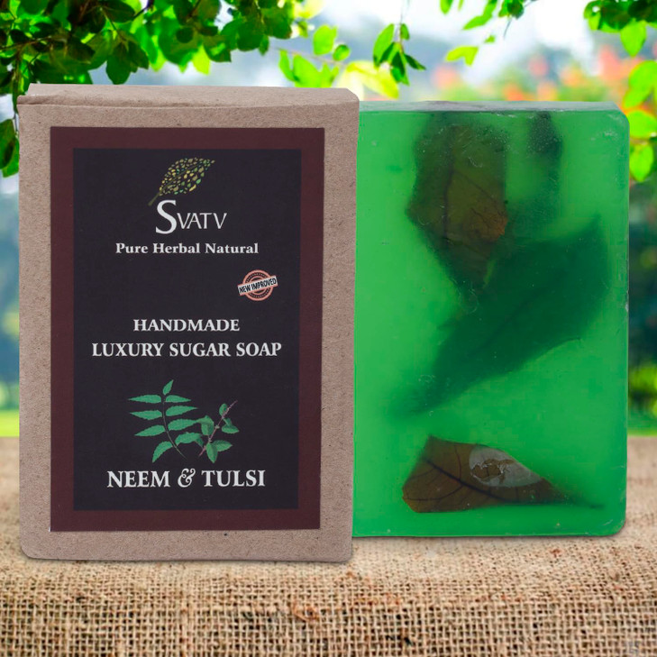 SVATV Handcrafted Soap with natural, soothing herbs of NEEM & TULSI I For Men and Women | Kosher & GMP Certified Soap | Traditional Ayurvedic Herbal