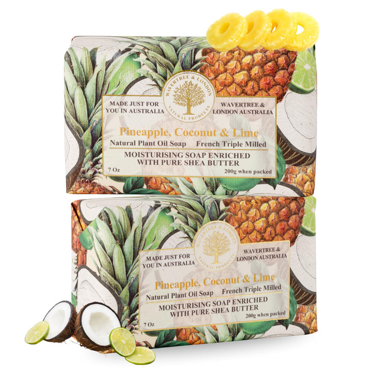 Wavertree & London Pineapple, Coconut & Lime Scented Natural Soap (2 Bars), 7oz Moisturizing French Triple Milled Soap Bars enriched with shea butter