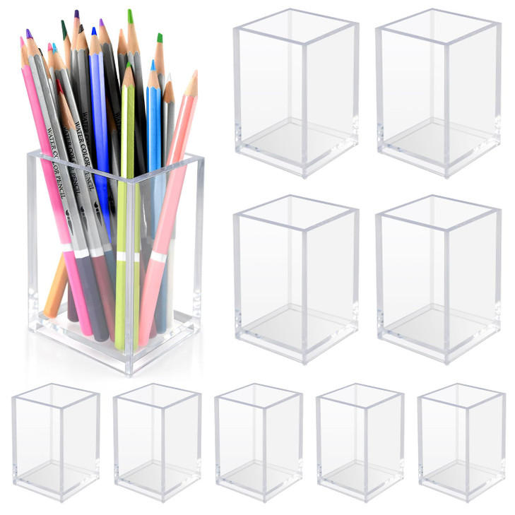 10 Pack Clear Acrylic Pen Holder for Desk, Pencil Cup Makeup Brush Organizer, Square Acrylic Pencil Holders for Office School Home Supplies, Desktop