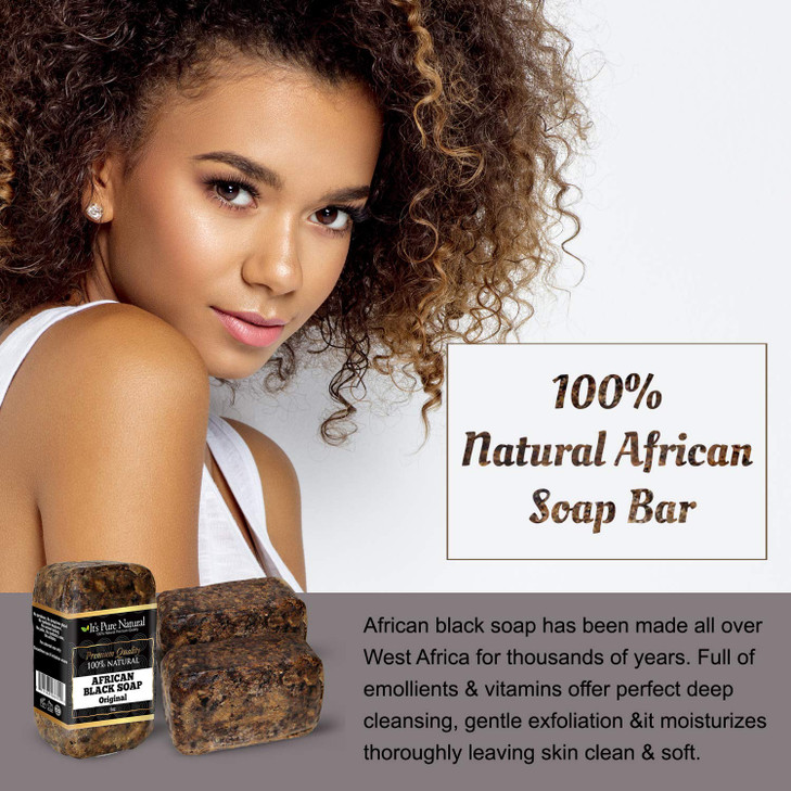 It's Pure Natural African Black Soap Bars Original (Pack of 3) Organic Raw Soap for Face & Body, Acne Treatment & Dark Spot Remover [Made in Ghana]