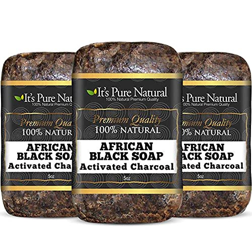 It's Pure Natural African Black Soap Bars with Activated Charcoal (Pack of 3) Organic Raw Soap for Face & Body, Acne Treatment & Dark Spot Remover [M
