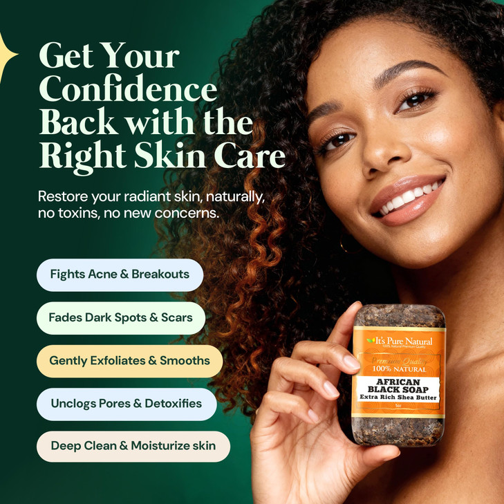 It's Pure Natural African Black Soap Bars with Extra Rich Shea Butter (Pack of 3) Organic Raw Soap for Face & Body, Acne Treatment & Dark Spot Remove