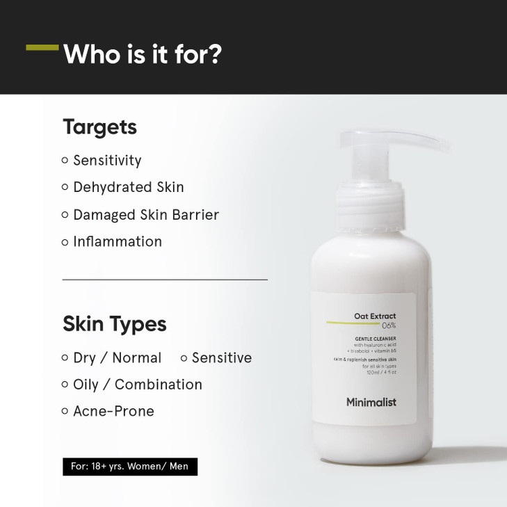 Minimalist 6% Oat Extract Gentle Face Wash for Sensitive, Dry & Dehydrated Skin | Hyaluronic Acid Provides Hydration | For Women & Men | 4 Fl Oz / 12