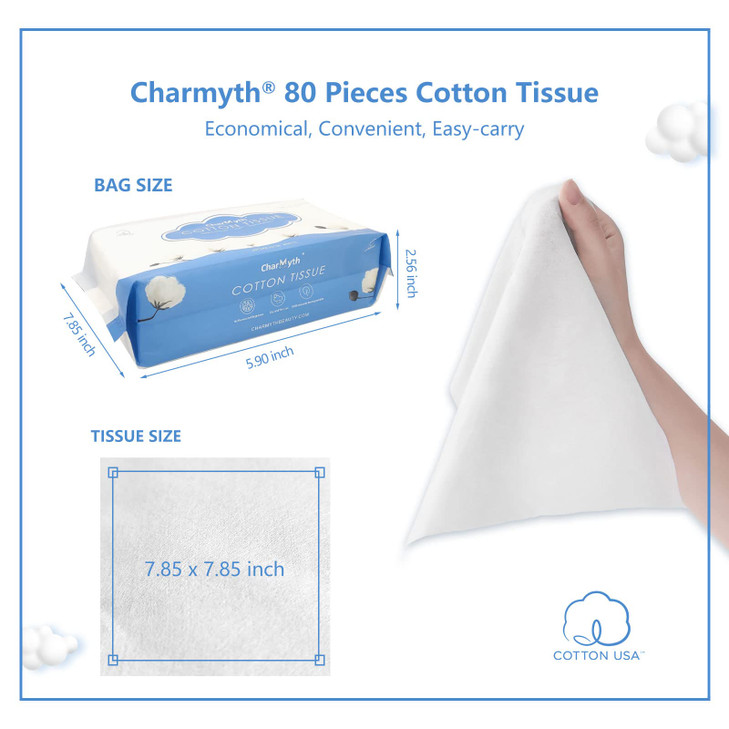 Charmyth Extra Thick Disposable Face Towel, Disposable Makeup Removing Wipes, 100% USA Cotton and 100% Organic & Cruelty Free, Lint-Free Cotton Tissu