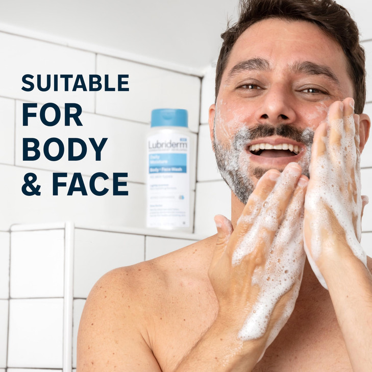 Lubriderm Daily Moisture Body + Face Wash, Hydrating Body Wash + Moisturizing Facial Cleanser with Pro-Ceramide & Shea Butter to Gently Cleanse, Ligh