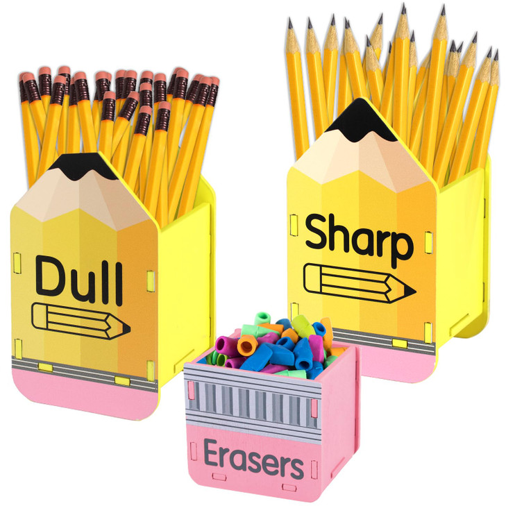 Tkifoda 3 Pcs Pencil Shaped Pencil Holder Eraser Storage Back to School Wooden Pencil Dispenser Sharp and Dull Pencil Holder for School Classroom Stu