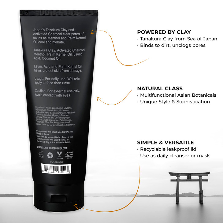 Blackwood For Men Cooling Clay Face Wash - Activated Charcoal, Menthol, & Tanakura Clay Cleanser & Mask for Deep Cleansing & Acne Treatment - Sulfate