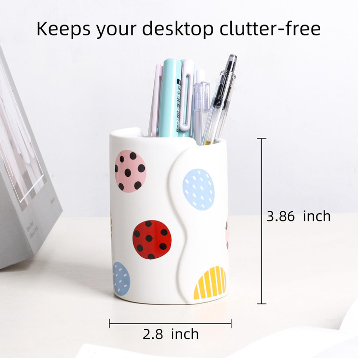 ZEBERBO Ceramic Pen Holder for Desk, Pencil Holder Stand with Polka Dots, Pencil Cup Pot, Desktop Organizer for Office, Home, School (White)