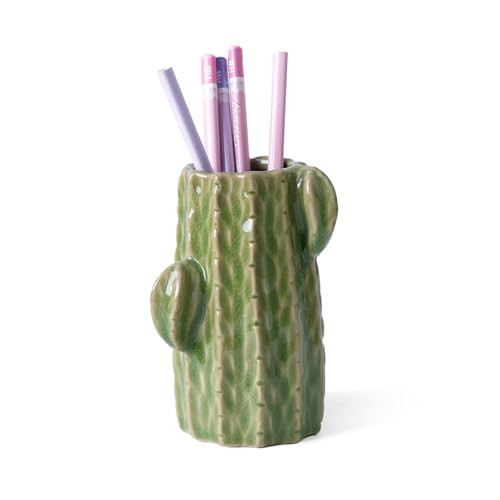 Zaposcca Ceramic Cactus Pen Holder, Cactus Decor Pencil Cup, Cute Pencil Holder for Desk, Pen Stand Makeup Brush Holder for Home, Office(Light Green)