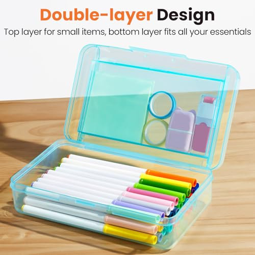 Sooez Double Layer Pencil Box, Large Hard Pencil Case Organizer, Clear Plastic Crayon Box for Girls and Boys, Colored Marker Organizer, Small Plastic