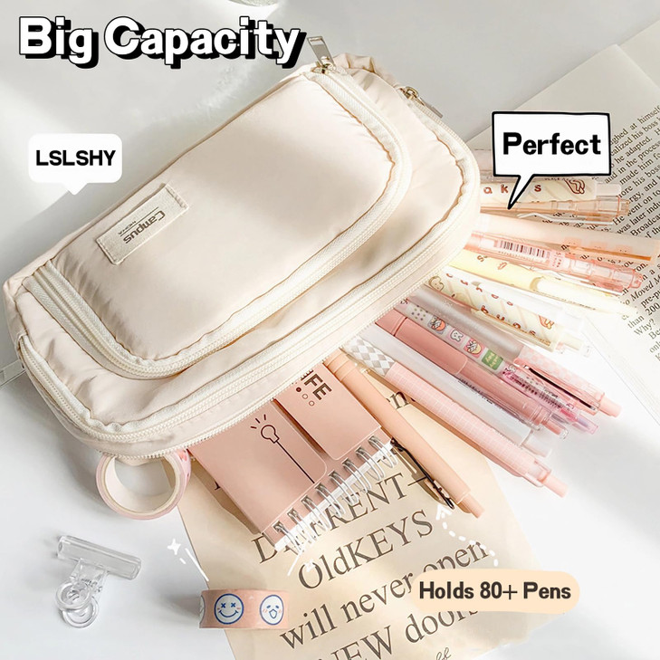LSLSHY Big Capacity Pencil Case Large Three-ply Zipper Pen Pouch Office School Stationery Supplies for Teen Girls Boys Students (Beige)