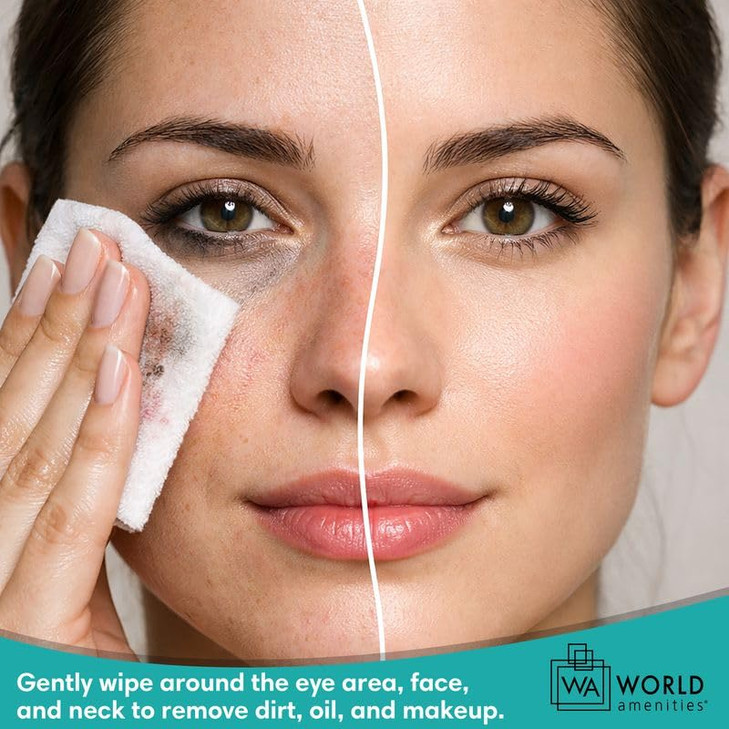 World Amenities - Bulk Makeup Remover Wipes | 500 Count| Individually Wrapped, Gentle Cleansing, Alcohol Free - All Skin Types - Vitamin E - 100% Rec