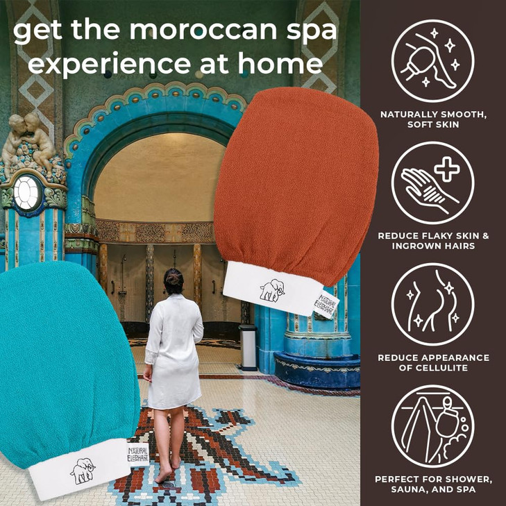Natural Elephant Moroccan Black Soap 200g (7oz) and Exfoliating Hammam Glove Combo (Pink Tulip)