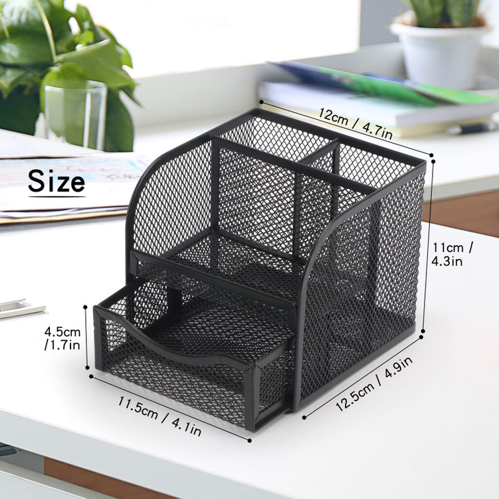 BiSiViO Mesh Desk Organizer, Metal Pencil Holder, Pen Holder for Desk with Drawer, Desktop Accessories, Multi-functional Caddy Pen Organizers with 3