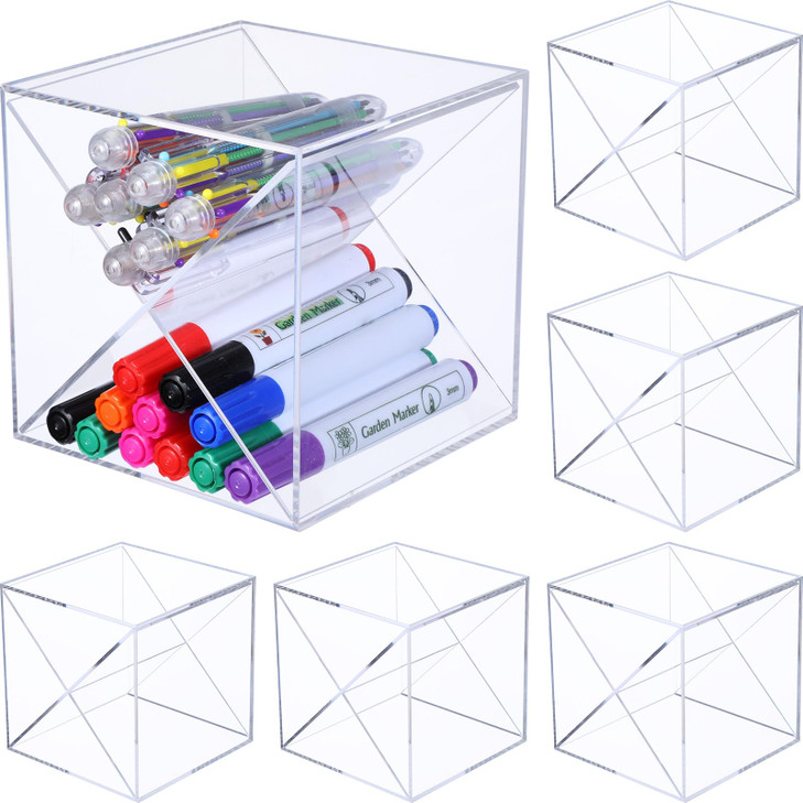 Kosiz 6 Pcs Back to School Stackable Pen Organizer 5.12 Inch Marker Pen Clear Holder Stackable Cube Organizer Removable Divider Acrylic Holder for Of
