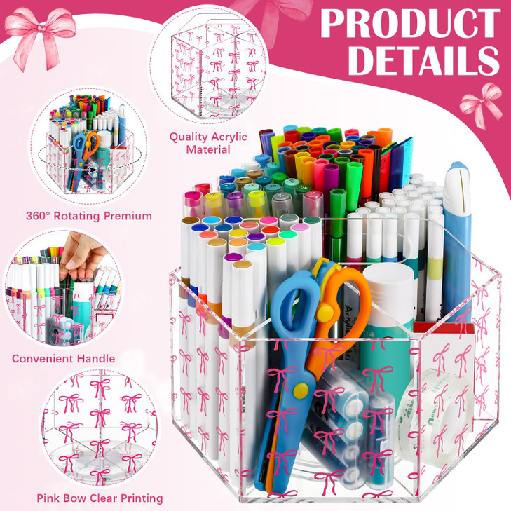 Pink Bow Pen Holder for Desk 360 Degree Rotating Clear Marker Holder for Girls Preppy Bow School Supplies Cute Coquette Pencil Organizer 6 Compartmen