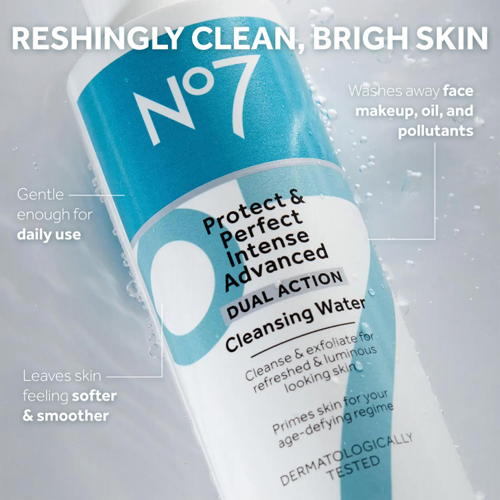 No7 Protect & Perfect Intense Advanced Cleansing Water - Dual Action Facial Cleanser + Makeup Remover - Cleansing Facial Water + Natural AHA Exfolian