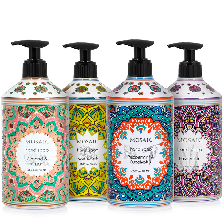 AnatoliaDaphne Mosaic Liquid Hand Soap/Wash Gift Set, Ideal Bathroom Kitchen Hand Soap Set,Lavender + Almond & Argan + Peppermint & Eucalyptus + Camo