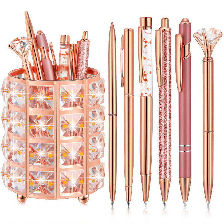 Sabary Rose Gold Ballpoint Pen Holder with 6 Glitter Bling Pen Rose Gold Diamond Pencil Holder Jeweled Gold Makeup Brush Holder Organizer for Women G