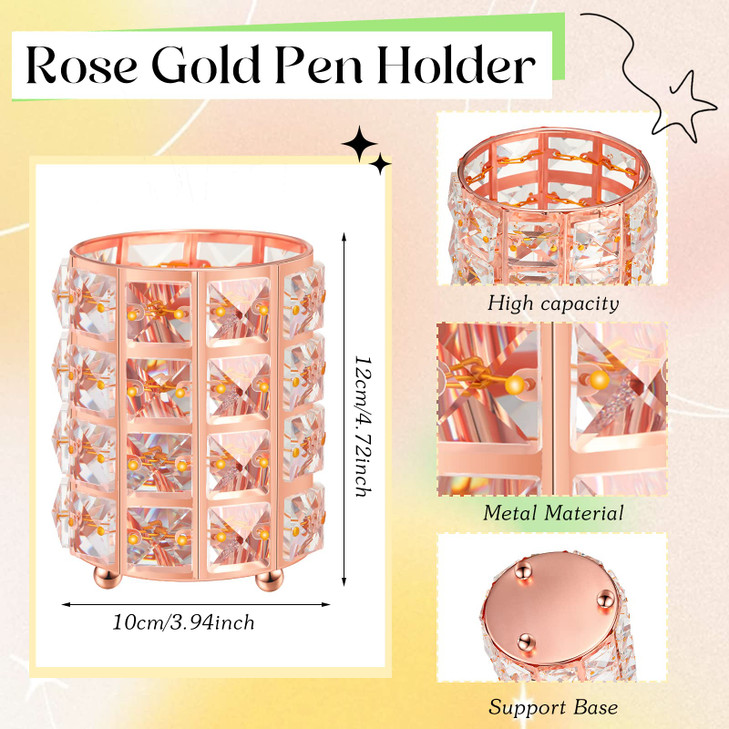 Sabary Rose Gold Ballpoint Pen Holder with 6 Glitter Bling Pen Rose Gold Diamond Pencil Holder Jeweled Gold Makeup Brush Holder Organizer for Women G