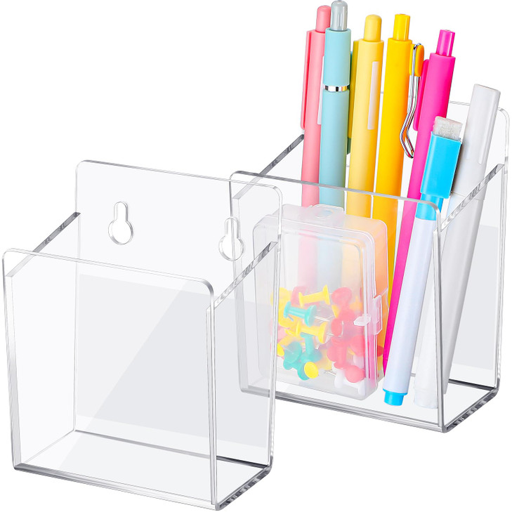 Chivertion Acrylic Wall Mounted Marker Holder Acrylic Pen Holder Adhesive Glass Whiteboard Dry Erase Marker Organizer with Tapes Hanging Holes for Wh