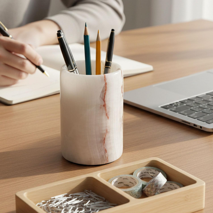 Radicaln Marble Pen Holder For Desk 4" Inches White Onyx Handmade Stationary Holder For Study Room, Ideal Pencil Holder & Desk Organizer, Use for Off