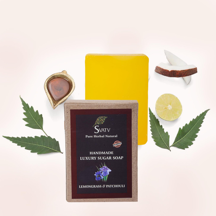 SVATV Handcrafted Soap with natural, soothing herbs of LEMONGRASS & PATCHOULI For Men and Women - | Kosher & GMP Certified Soap | Traditional Ayurved